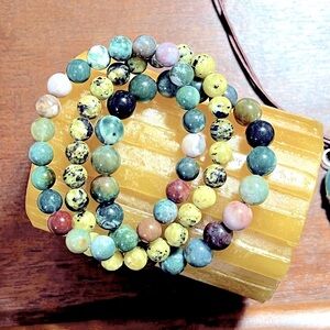 Beaded bracelets 3 new green jade citron African turquoise elastic 7”
